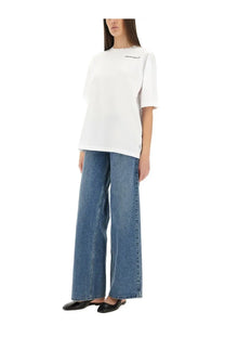 Aspesi women’s oversized white t-shirt with small black embroidered logo on chest ideal for casual wear
