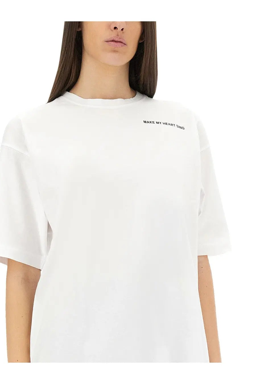 Aspesi women’s white oversized cotton t shirt with black printed text on the left chest perfect for casual wear