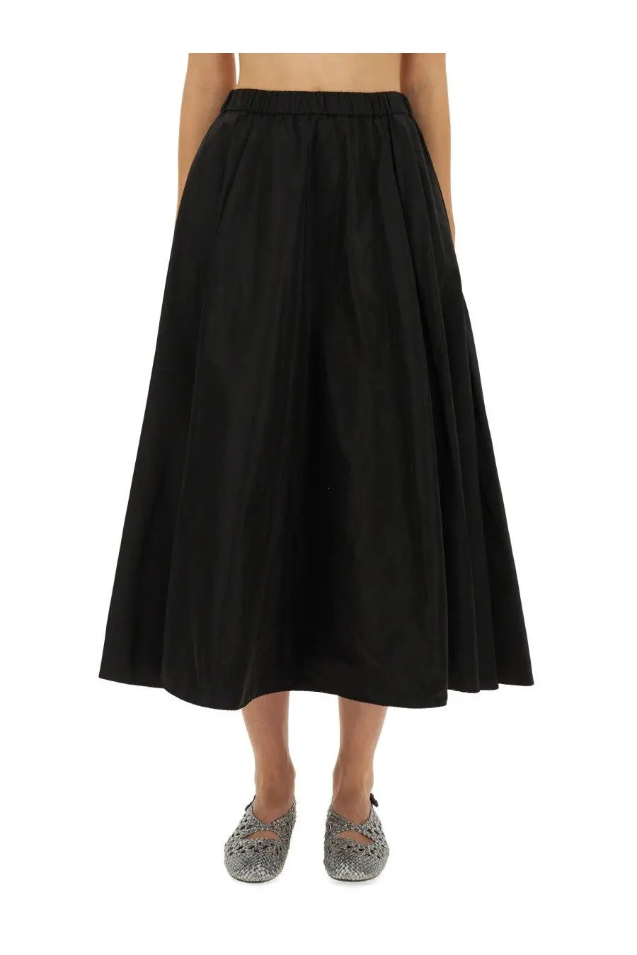 Aspesi women’s mia skirt black pleated midi skirt with smooth shiny fabric and elastic waistband