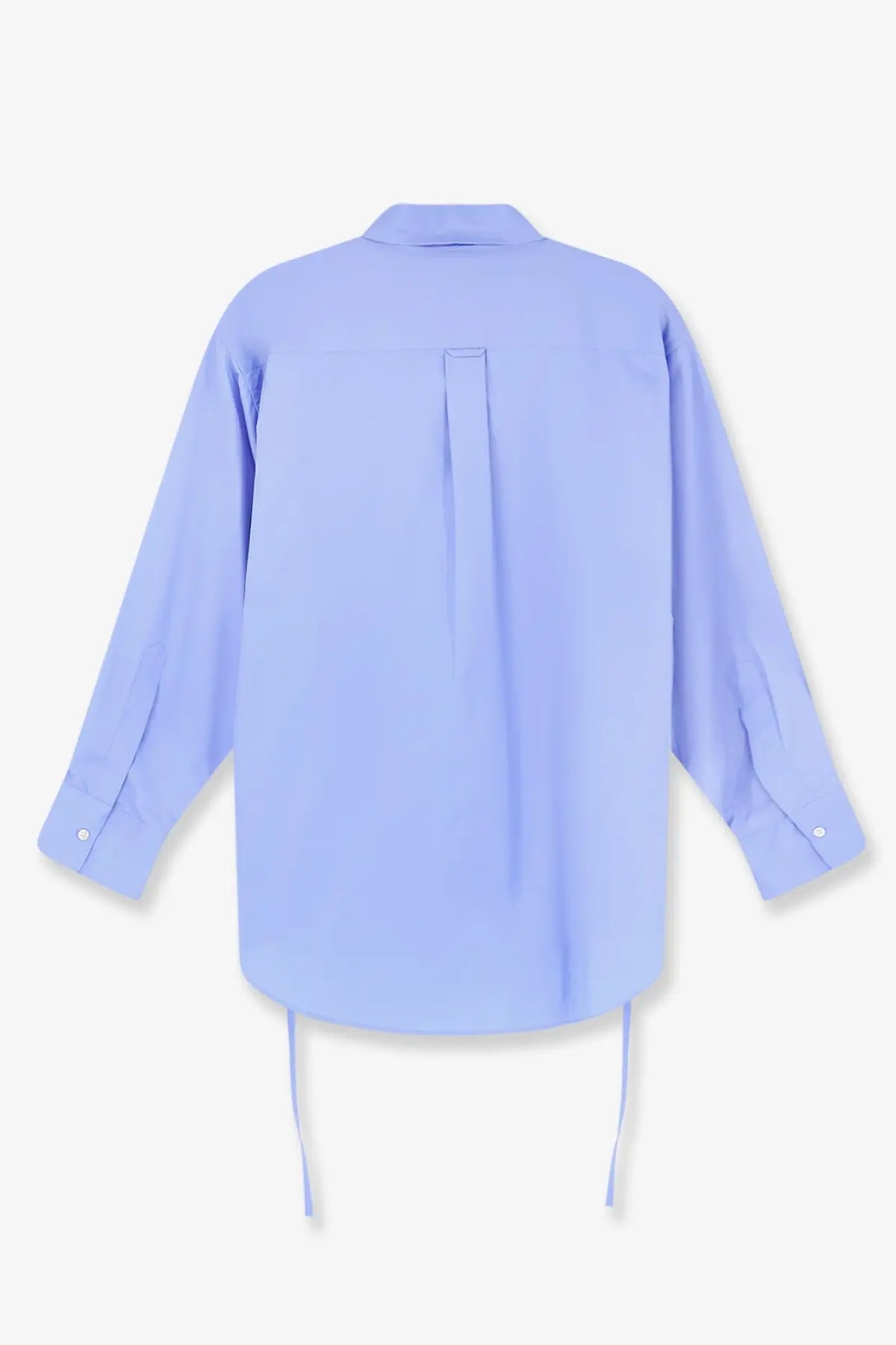 Back view of aspesi women’s light blue oversized cotton button-down shirt with central seam and hem drawstrings