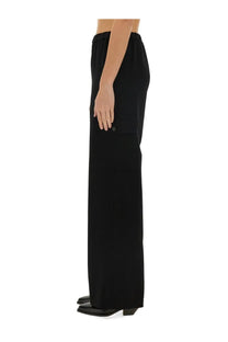 Black wide-leg ASPESI women’s trousers with elastic waistband and subtle logo button on side pocket in smooth fabric