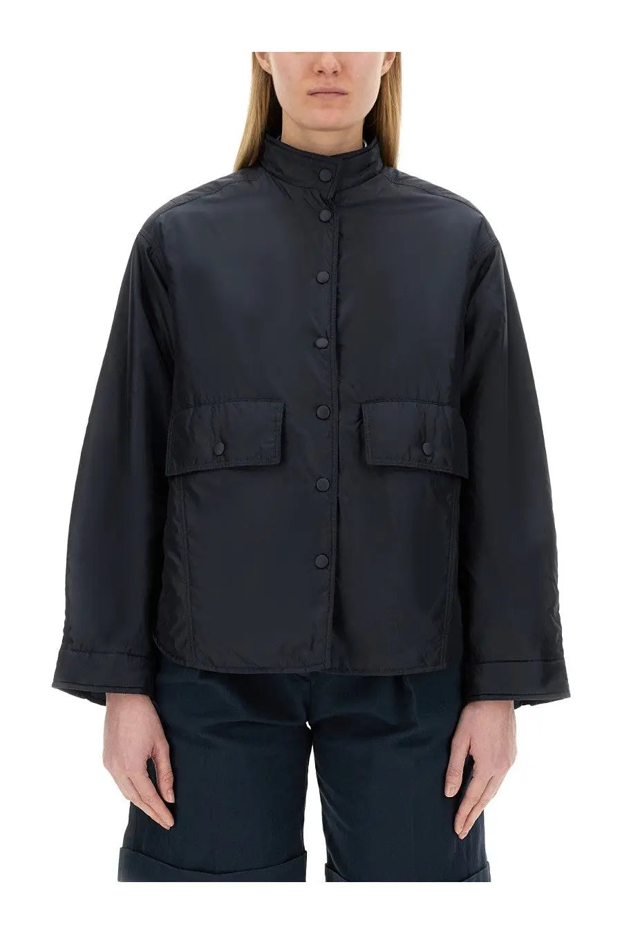 Aspesi women’s utility-style black jacket with stand-up collar front button closure and two flap pockets