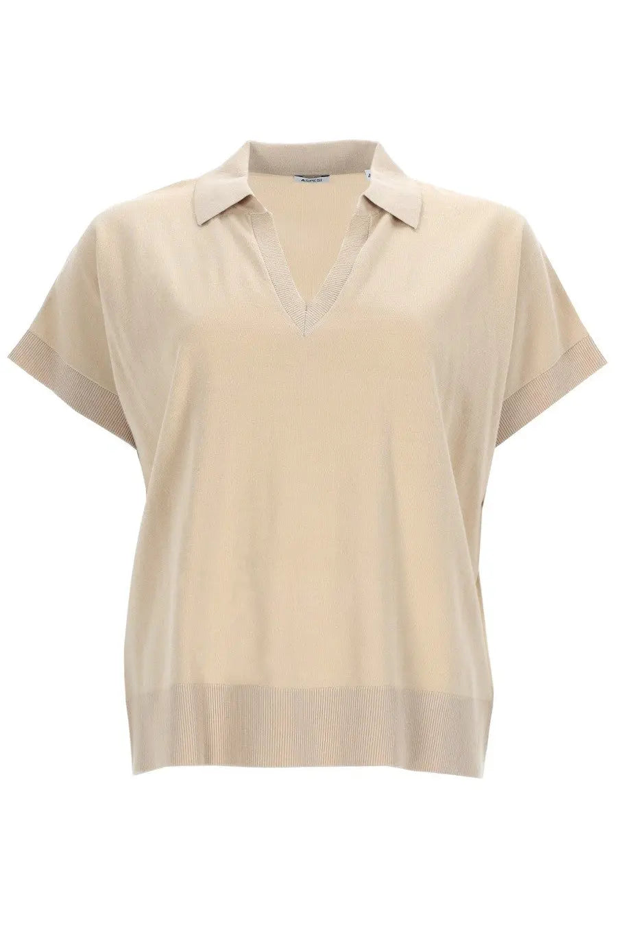 Aspesi women’s beige short-sleeved polo top with ribbed trim at collar cuffs and hem