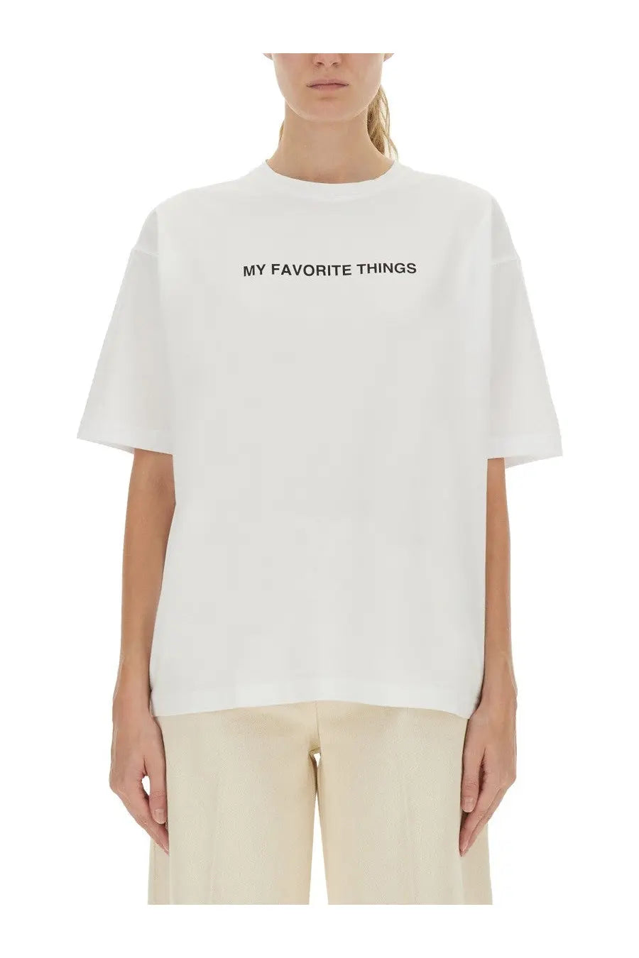 Aspesi women’s white oversized cotton t-shirt with black my favorite things text across the chest