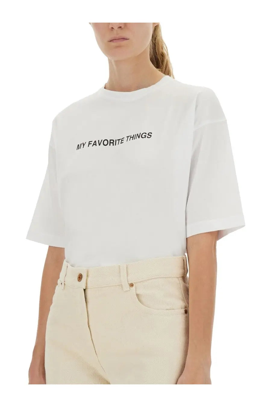 Aspesi women’s white short-sleeved cotton t-shirt with my favorite things printed in black across the chest