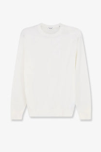 Aspesi women’s white crewneck sweater in silk and linen blend with soft smooth texture and clean minimalist lines