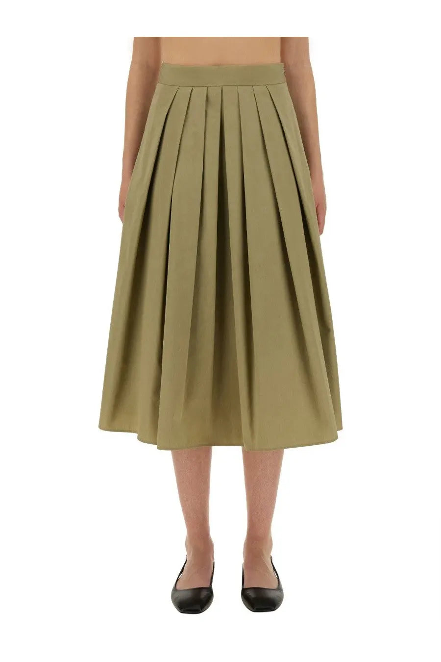 Aspesi women’s olive green pleated midi skirt with smooth structured fabric and clean straight seams in beige