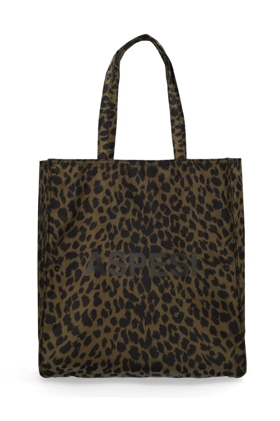 Olive and black leopard-print canvas tote bag with matching handles from aspesi womens tote bag pattern collection