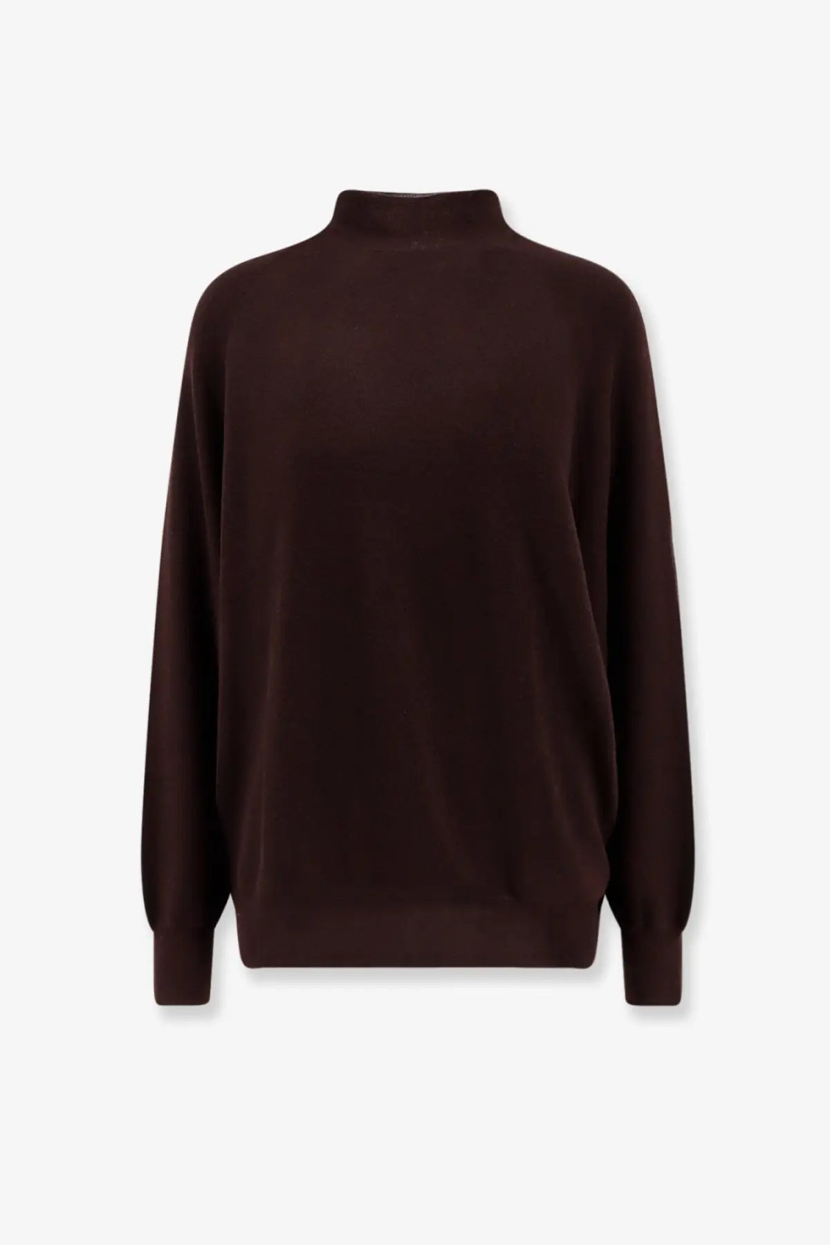 Aspesi women’s soft dark brown virgin wool turtleneck sweater with relaxed fit and ribbed cuffs