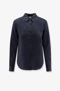 Aspesi women’s vissuto linen shirt blue navy long-sleeved button-up with classic collar and subtle stitching details