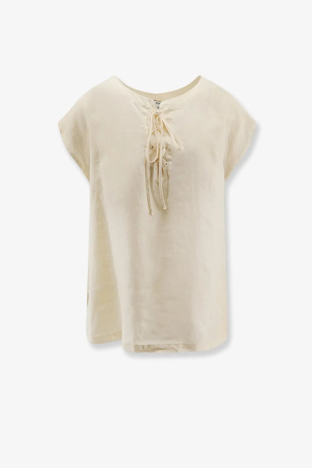Aspesi women’s vissuto linen cream short-sleeved top with lace-up front detail and loose fit