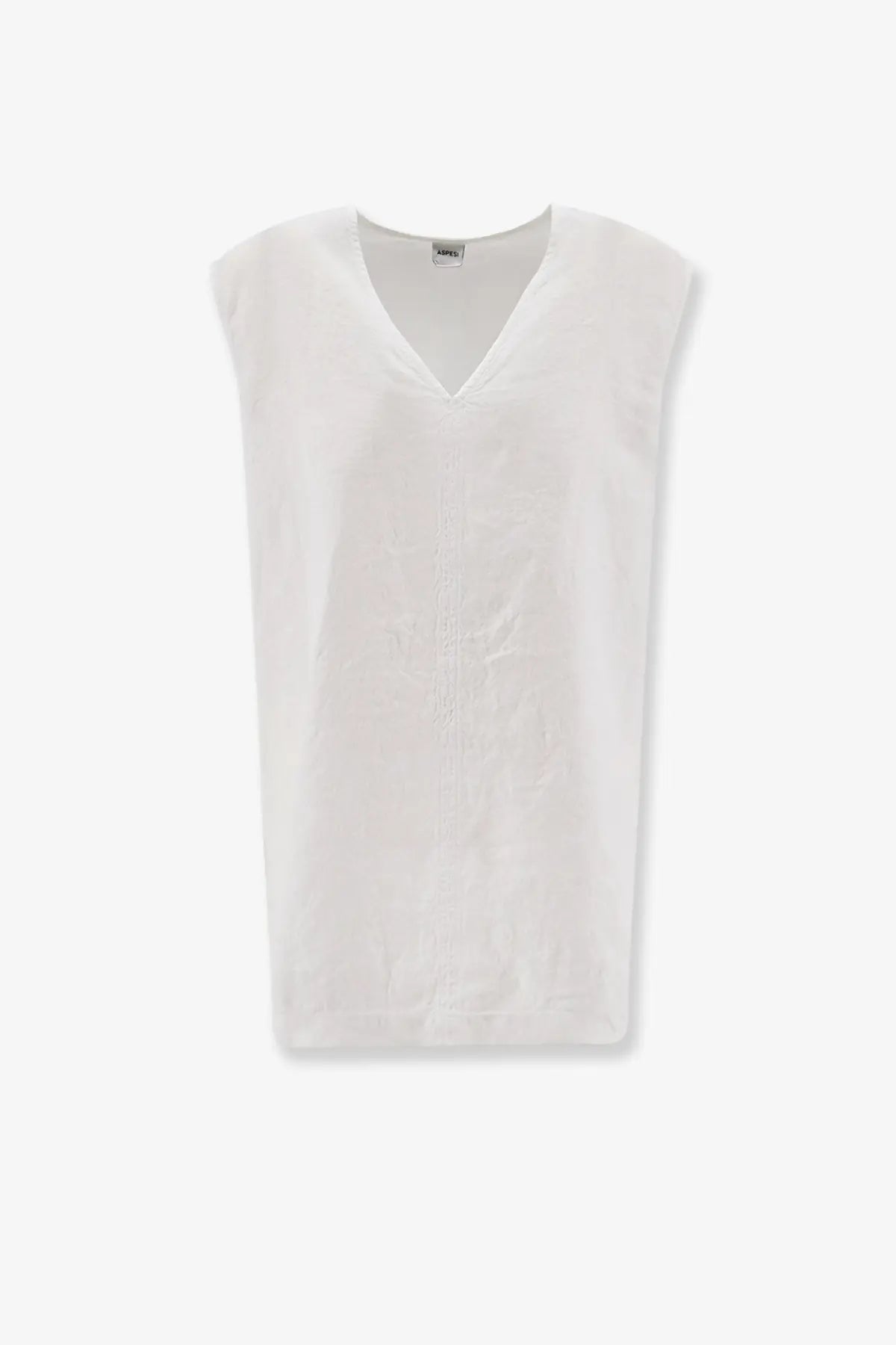 Aspesi women’s vissuto oversize white linen top with sleeveless v-neckline and subtle textured pattern