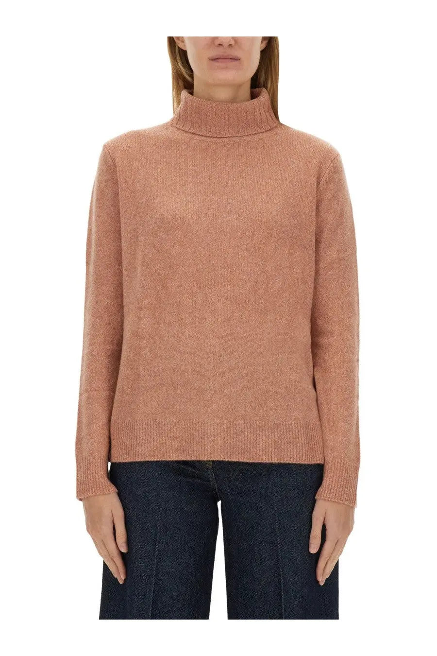 Aspesi women’s wool jersey blue soft rose-colored turtleneck sweater with fine knit texture and ribbed cuffs