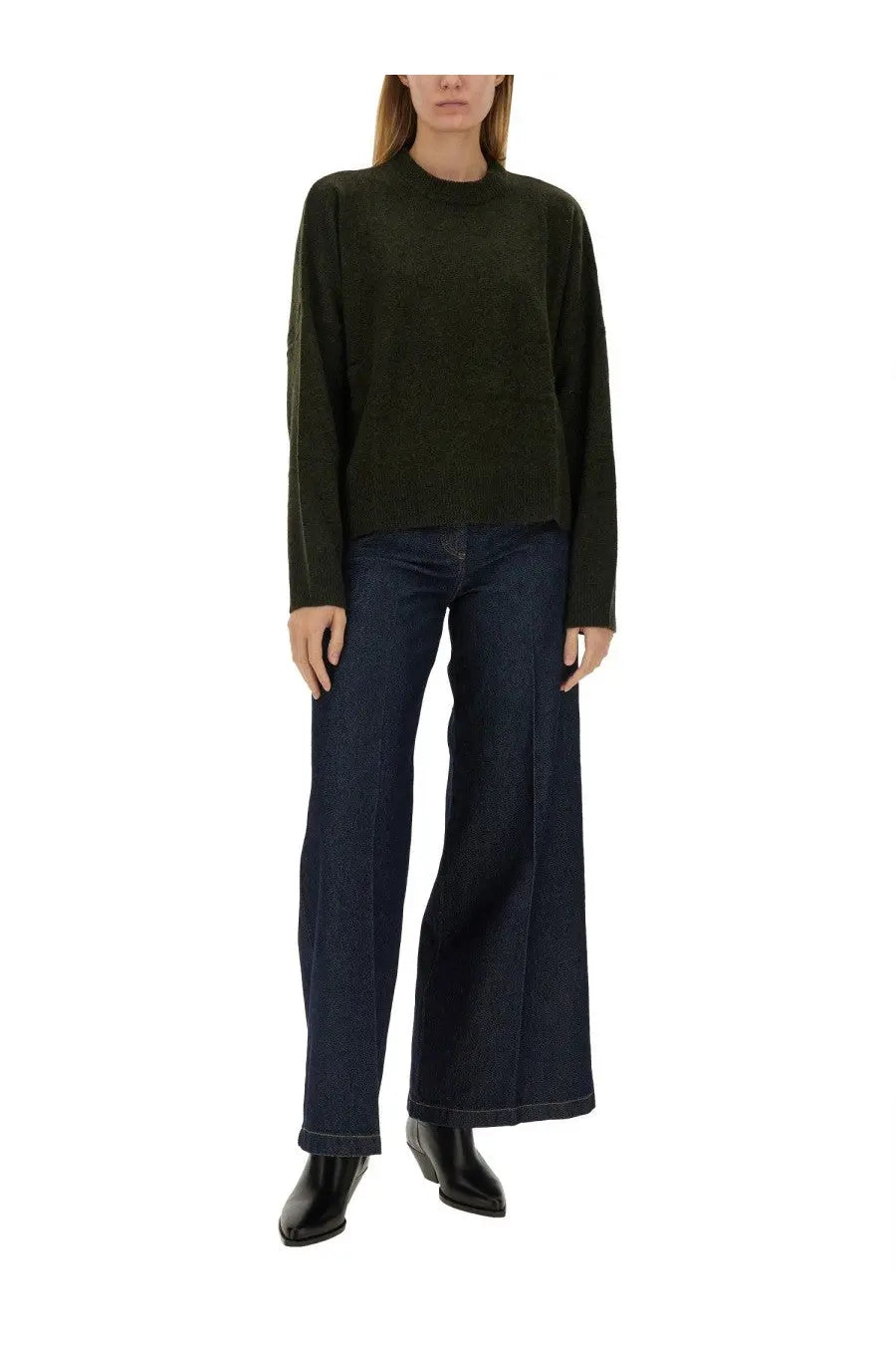 Aspesi women’s dark olive green long-sleeved wool jersey sweater with ribbed crew neckline and subtle texture