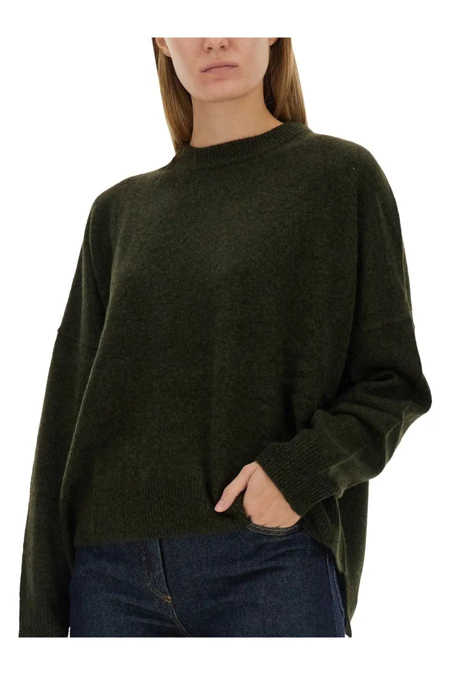 Olive green oversized wool knit sweater from ASPESI womens wool jersey green collection showing front view