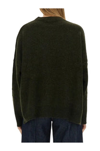 Olive green oversized knit wool sweater with ribbed crew neckline and relaxed fit by Aspesi women’s wool jersey green
