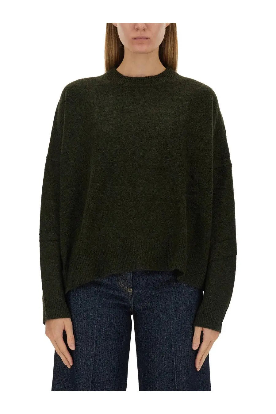 Olive green oversized wool knit sweater with relaxed fit and ribbed cuffs from aspesi womens wool jersey green