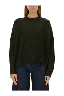 Olive green oversized wool knit sweater with relaxed fit and ribbed cuffs from aspesi womens wool jersey green