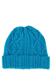 Aspesi women’s woolen hat in blue featuring a vibrant turquoise cable-knit design with a ribbed cuff