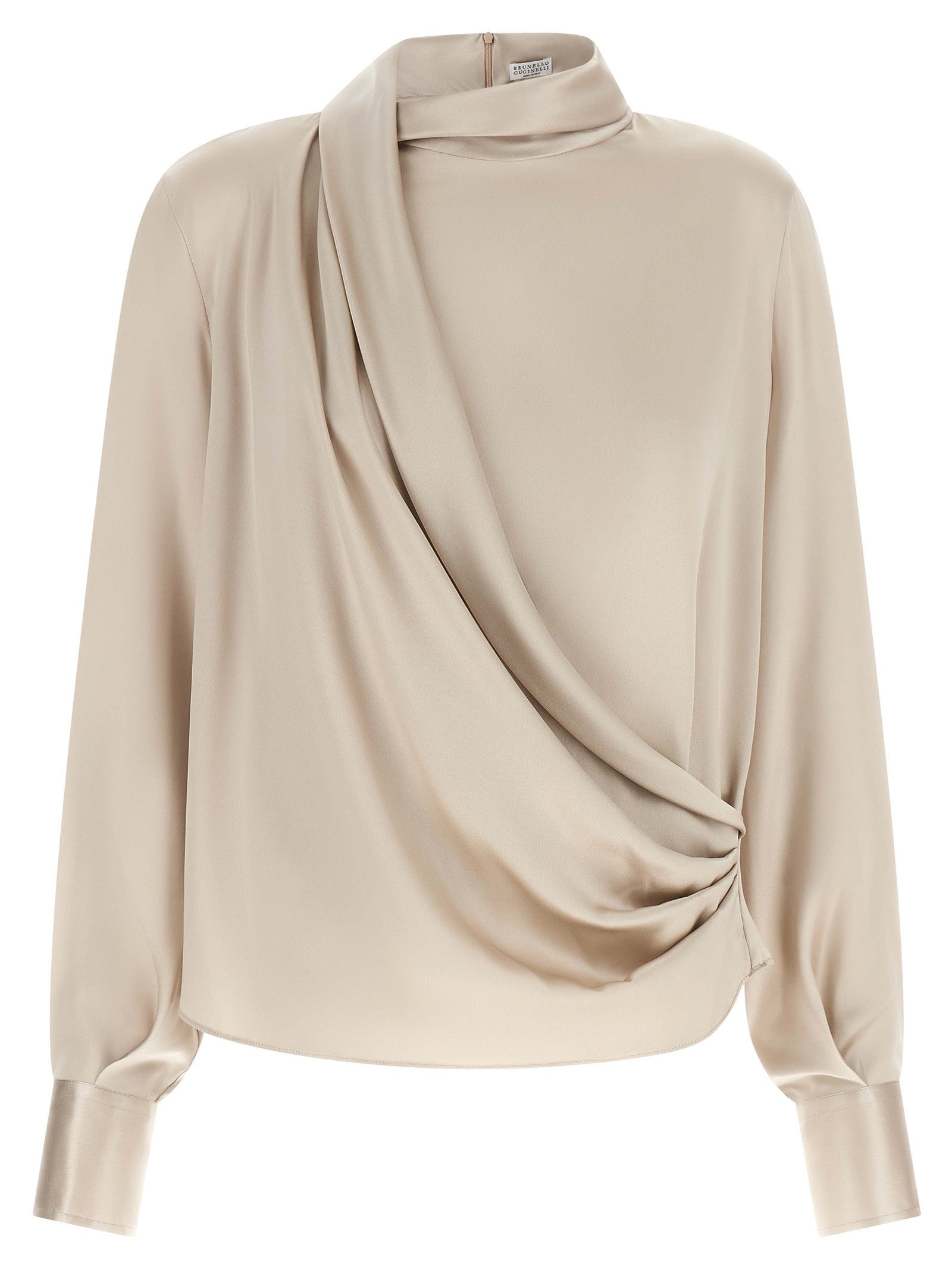 Brunello Cucinelli Asymmetric Draped Blouse Beige
