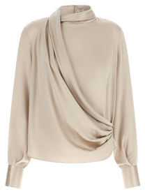 Brunello Cucinelli Asymmetric Draped Blouse Beige