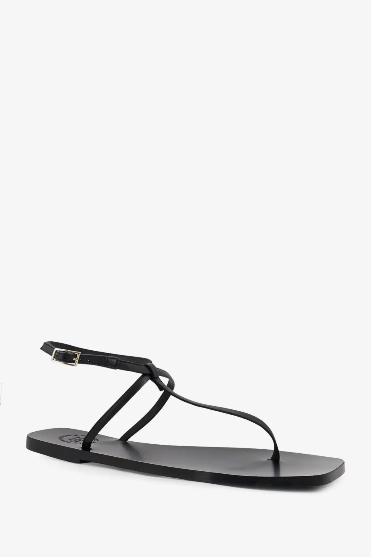 ATP Atelier women’s Alassio black leather thong sandal with minimalist design and silver buckle