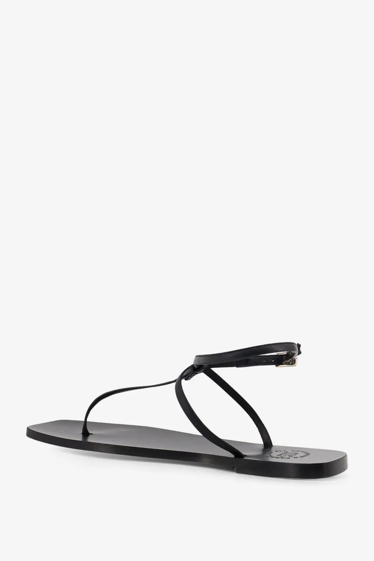 Atp Atelier women’s alassio black leather thong sandal with minimalist design and small metallic ankle buckle