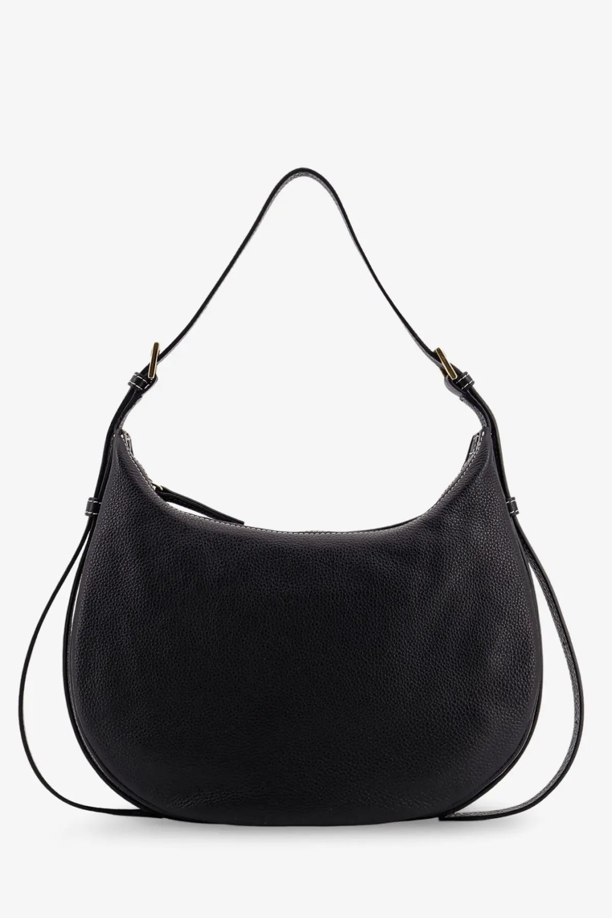 Black pebbled leather hobo bag with a slender adjustable shoulder strap from ATP Atelier women’s liveri collection