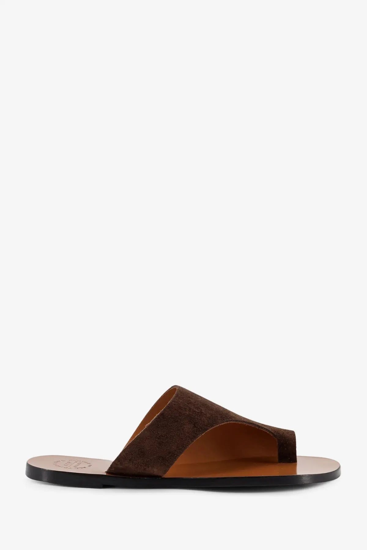 ATP Atelier women’s rosa suede slide sandal in brown with tan leather interior and black rubber sole