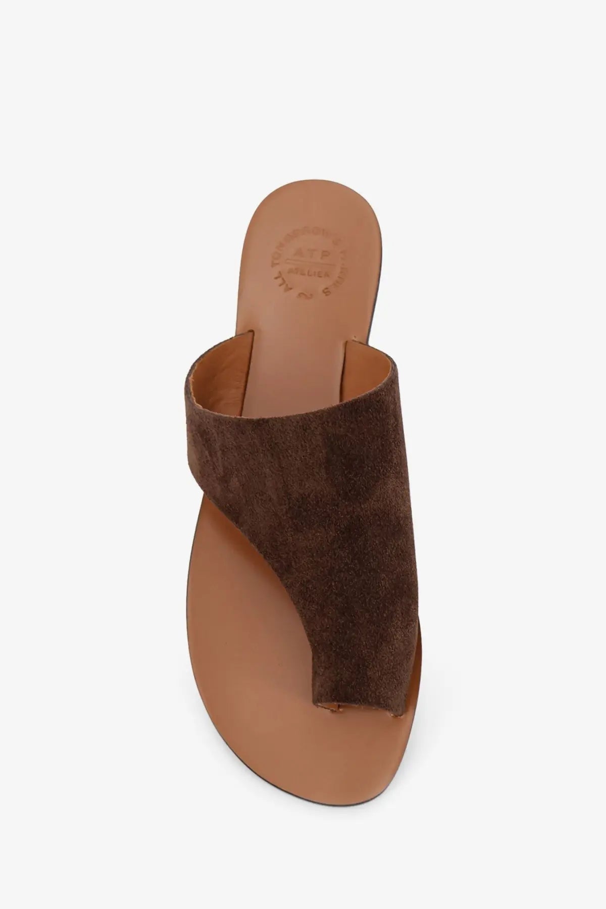 Brown suede thong sandal with tan leather sole and insole from ATP Atelier womens rosa suede sandals brown collection