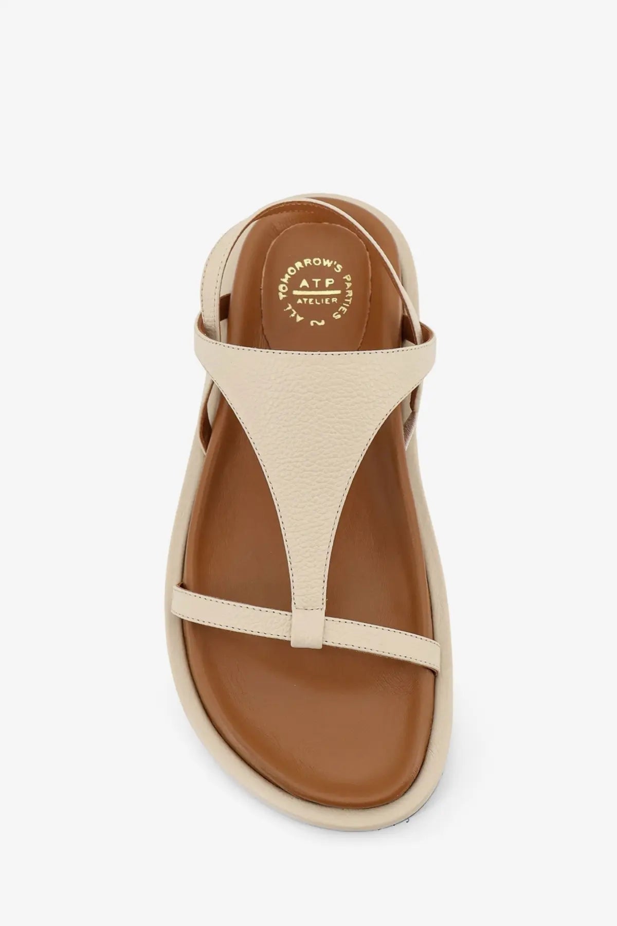 Beige leather t-strap sandal with brown insole and sole from ATP Atelier women’s Ultimo leather sandals gold collection