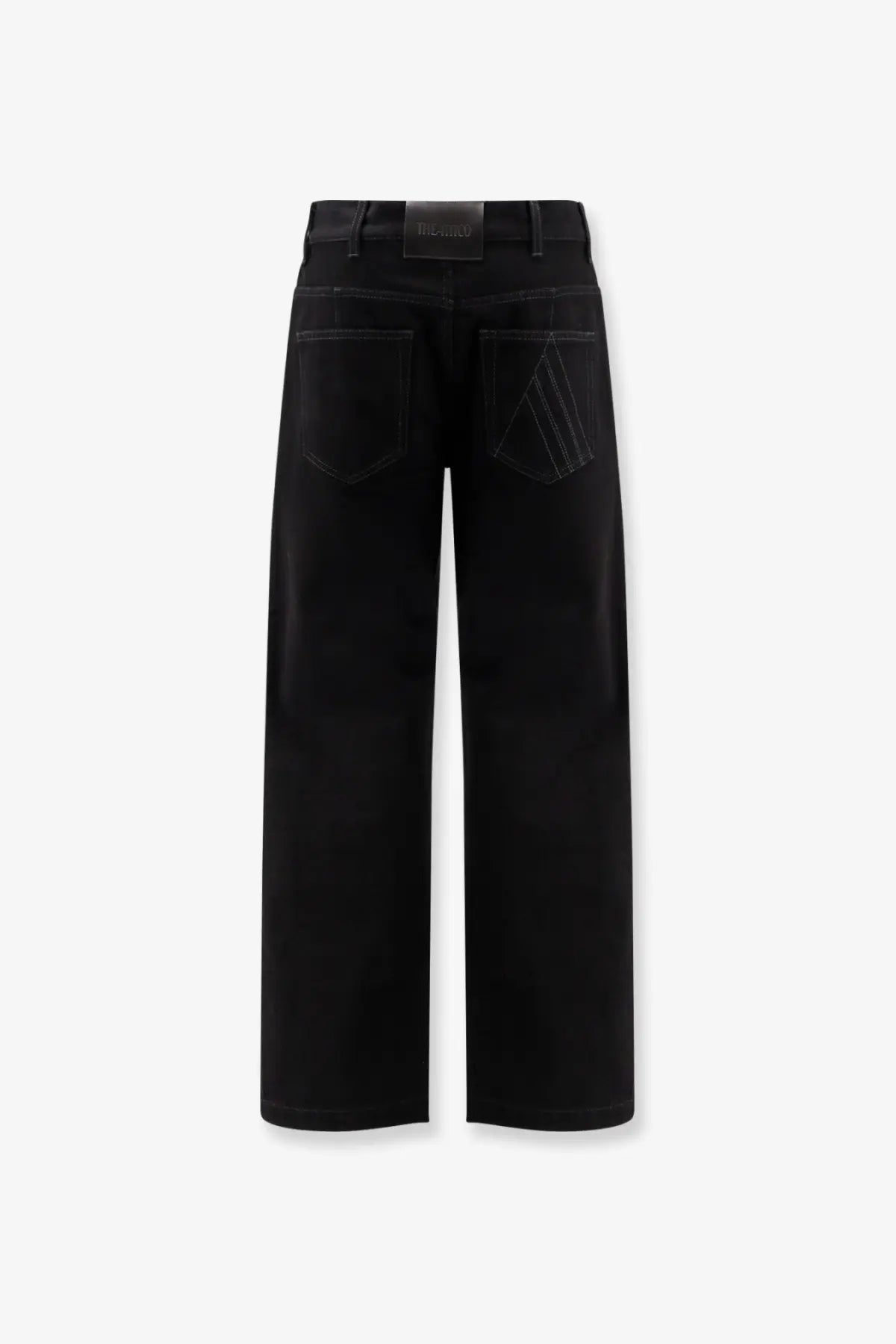 The back side of the attico womens black denim trousers featuring wide-leg fit and subtle stitched detailing on back pockets