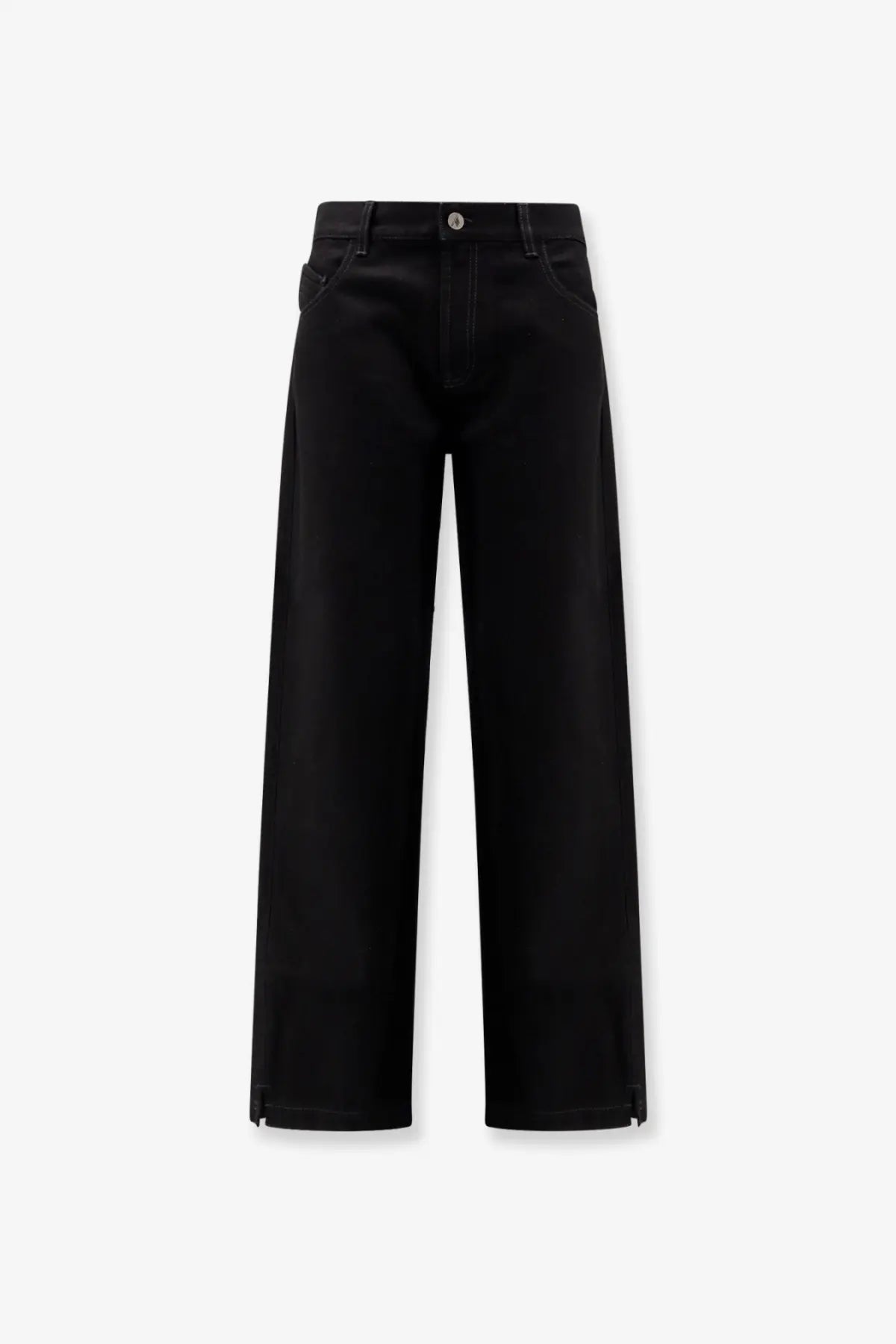 The Attico women’s black denim trousers featuring wide-leg silhouette and subtle side zippers at the hem