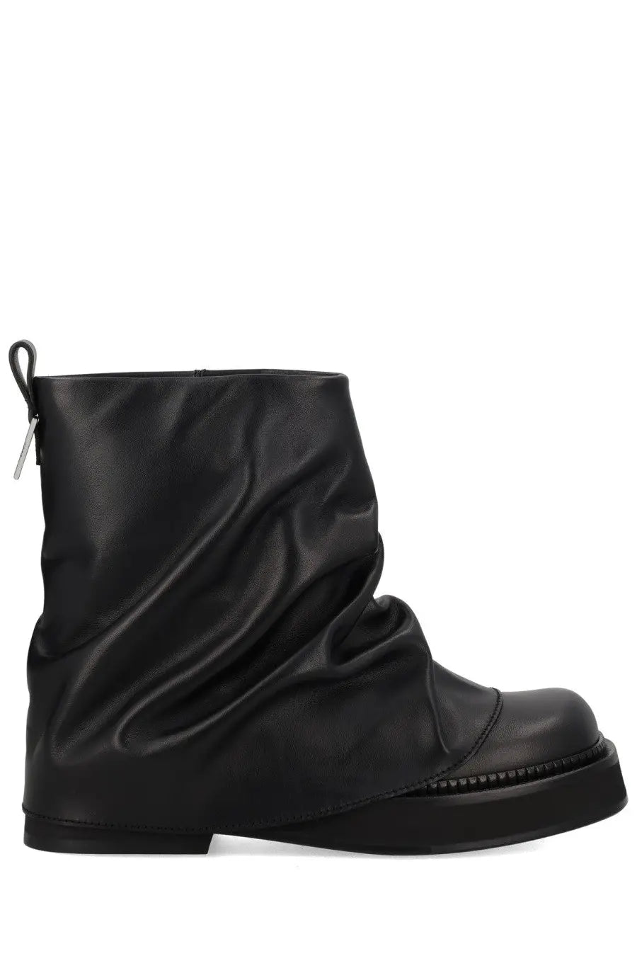 The attico women’s black leather ankle boot with a slouchy draped upper and thick platform sole