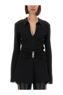 The attico women’s black cady mini dress features a long-sleeved collar and deep v-neck cinched with a silver belt buckle