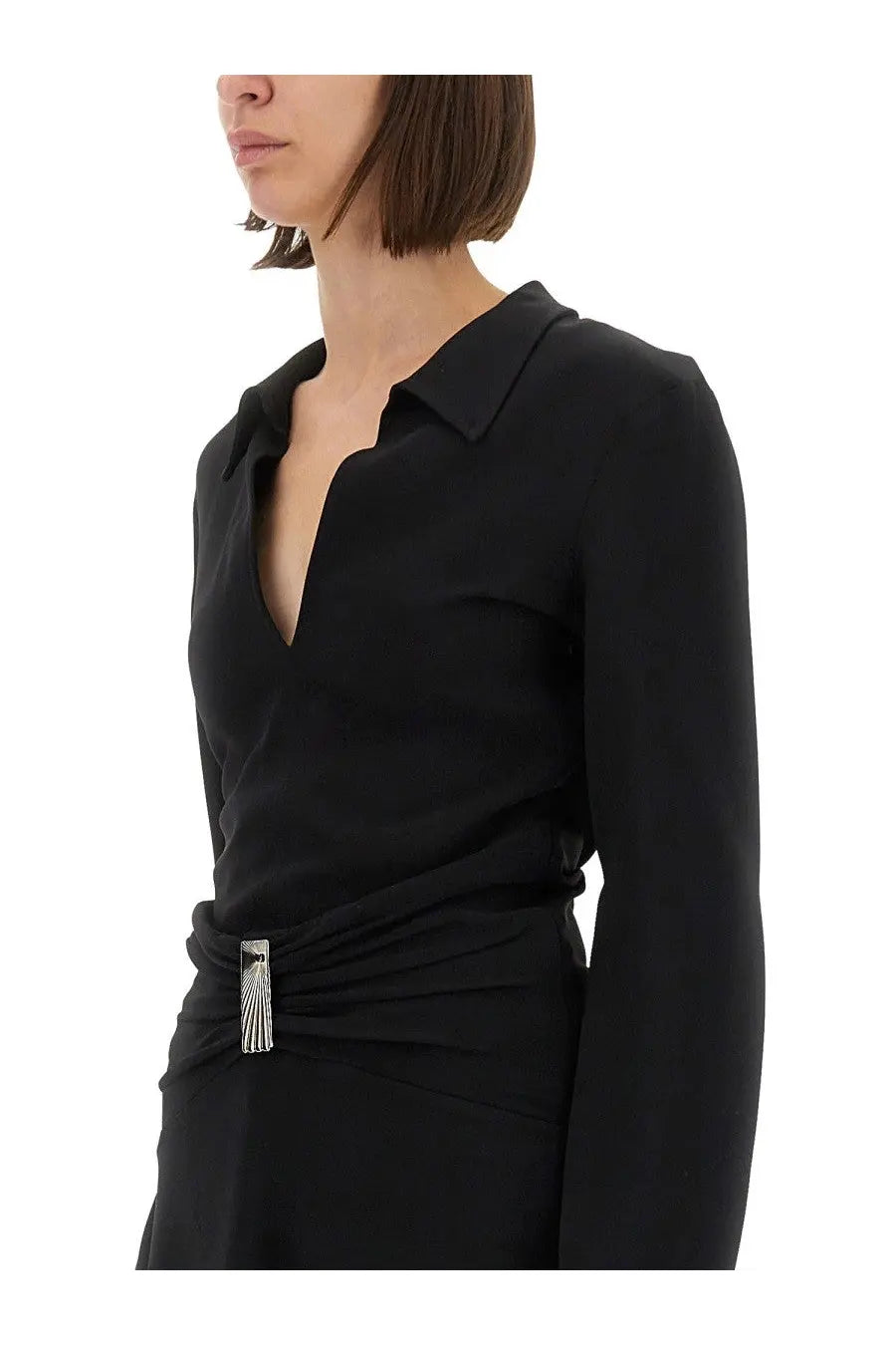 The attico women’s cady mini dress black with black satin blouse and silver-toned vertically ribbed belt buckle at waist