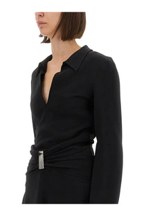 The attico women’s cady mini dress black with black satin blouse and silver-toned vertically ribbed belt buckle at waist