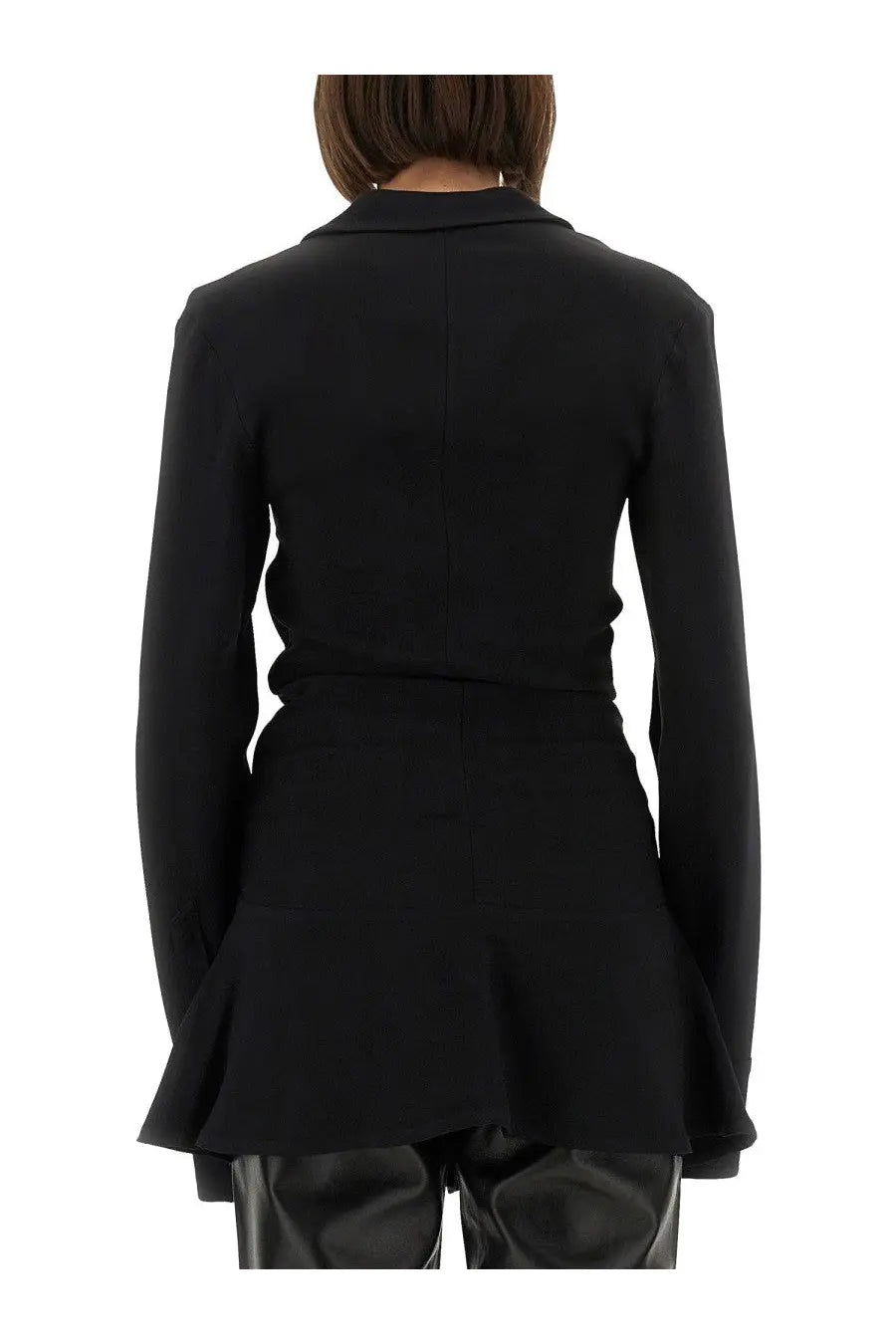 Black tailored blazer with flared hem and long sleeves made from cady material by the attico women’s collection