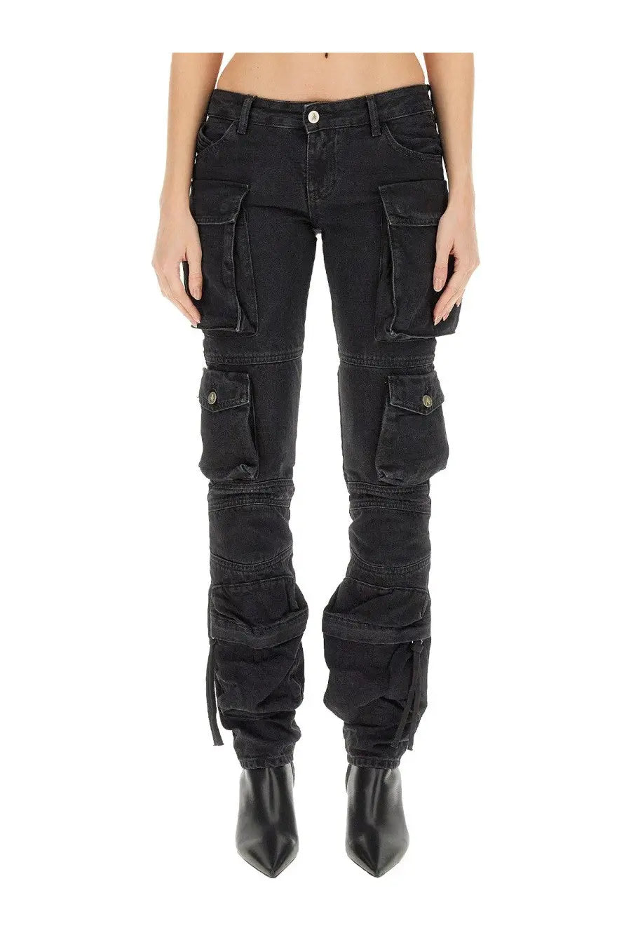The attico women’s cargo jeans black are black denim pants with multiple pockets and ruched tapered legs