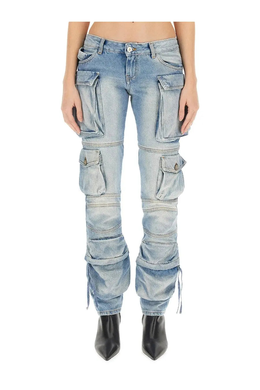The Attico women’s cargo jeans blue in light-wash denim with multiple pockets and distressed layered design