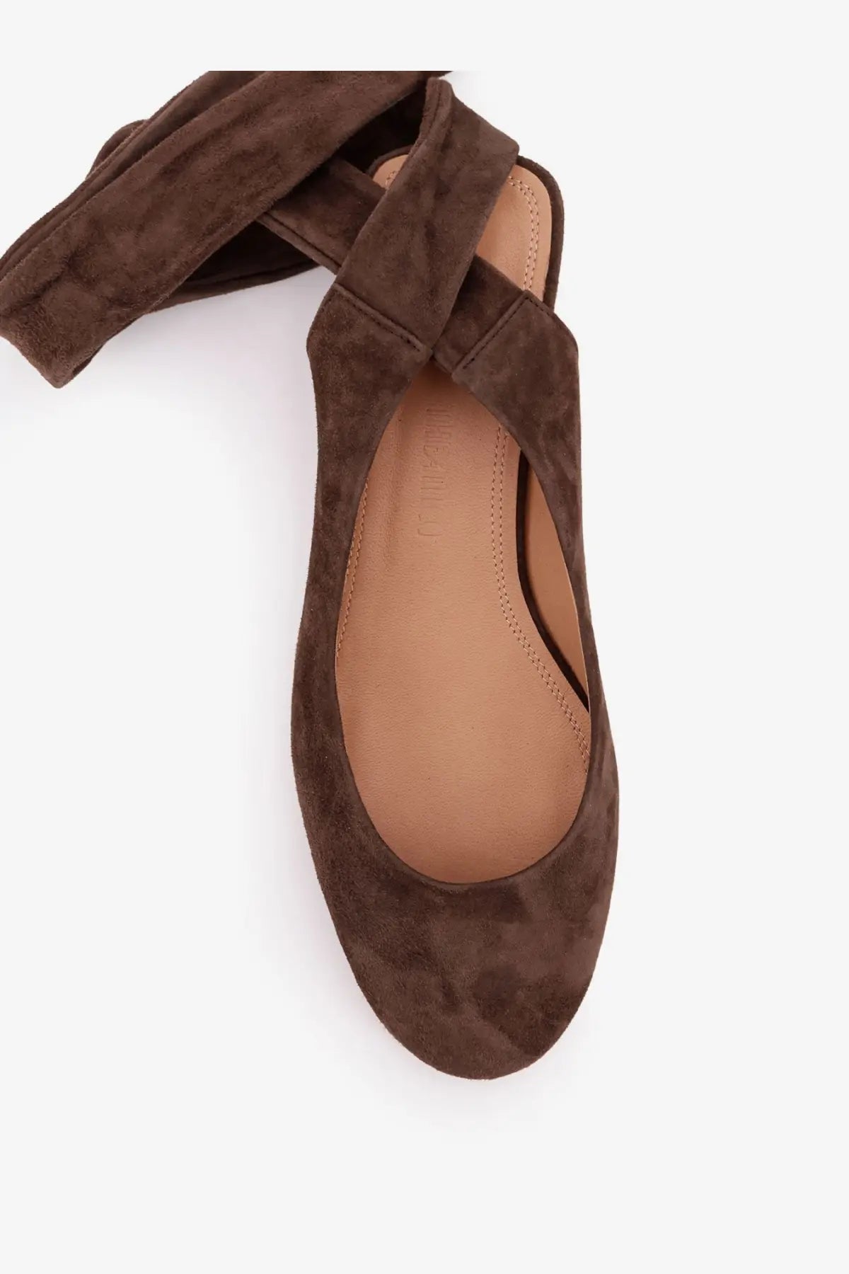 The Attico women’s Cloe suede ballerinas in brown feature a flat shoe design with crisscross straps