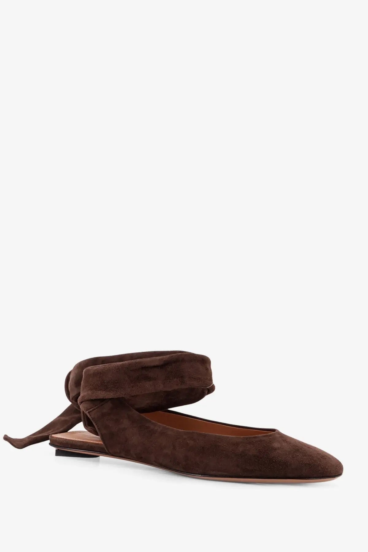The Attico women’s Cloe suede ballerina flats in brown with a tied ankle strap for stylish comfort