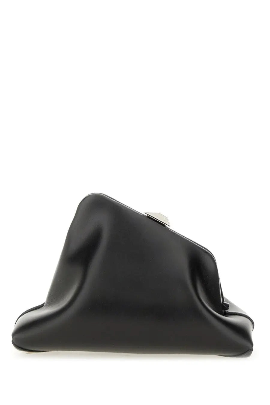 The attico women’s clutch day off small black features a sleek draped black leather design with a silver-toned clasp