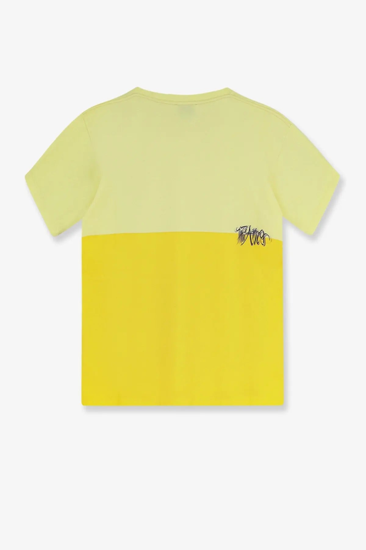 The attico women’s cotton shirt gold is a two-tone yellow t-shirt with pastel upper and mustard lower halves and a black logo