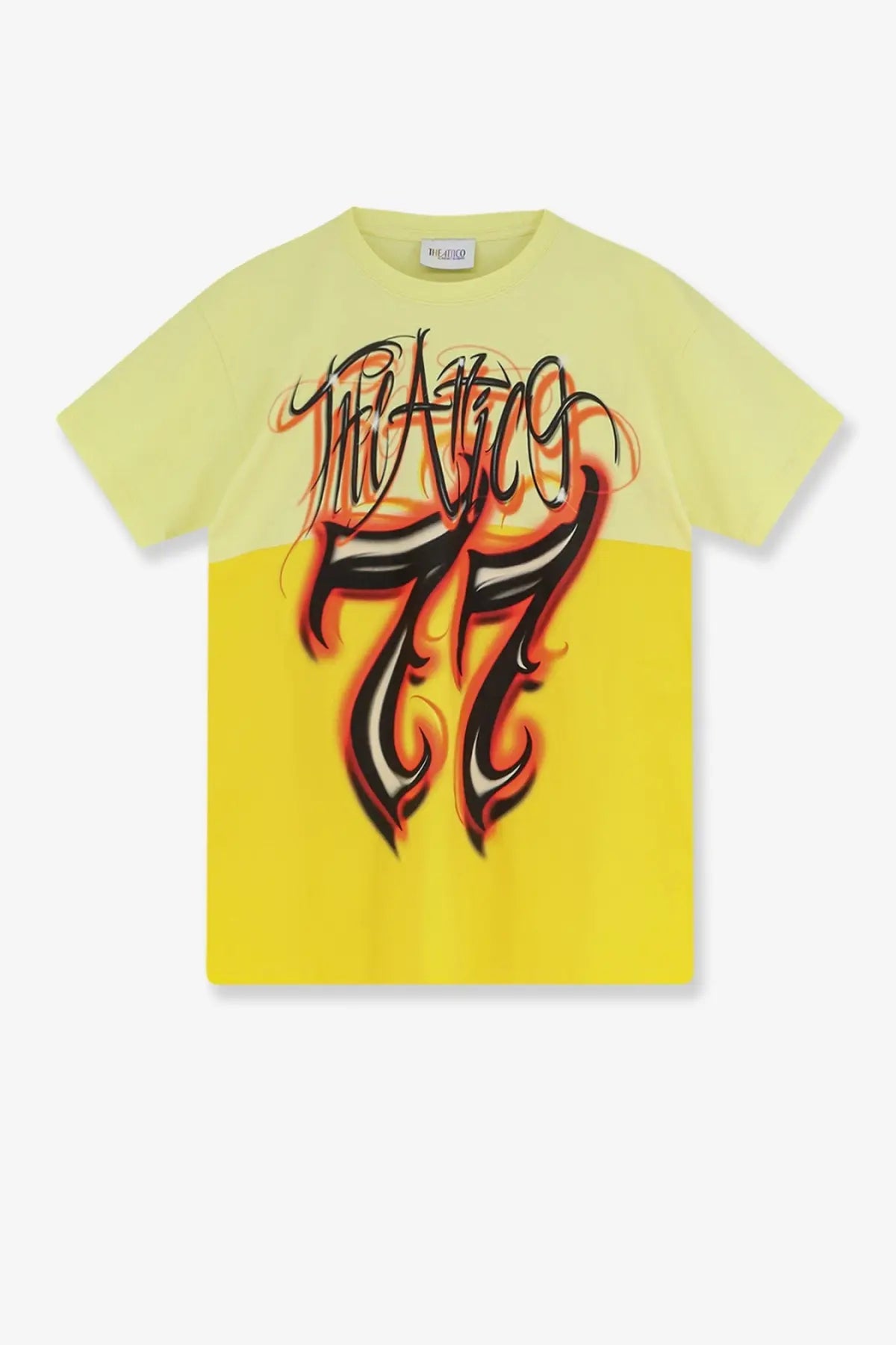 A vibrant yellow cotton short-sleeved t-shirt with black and orange flame lettering reading the alice 77 by The Attico