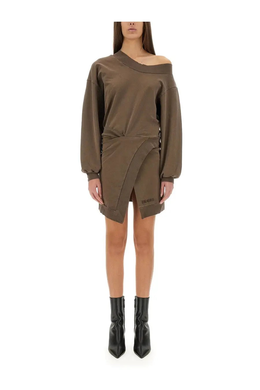 The attico women’s olive green off-shoulder knit dress with asymmetrical hem and side branding brown cut out design