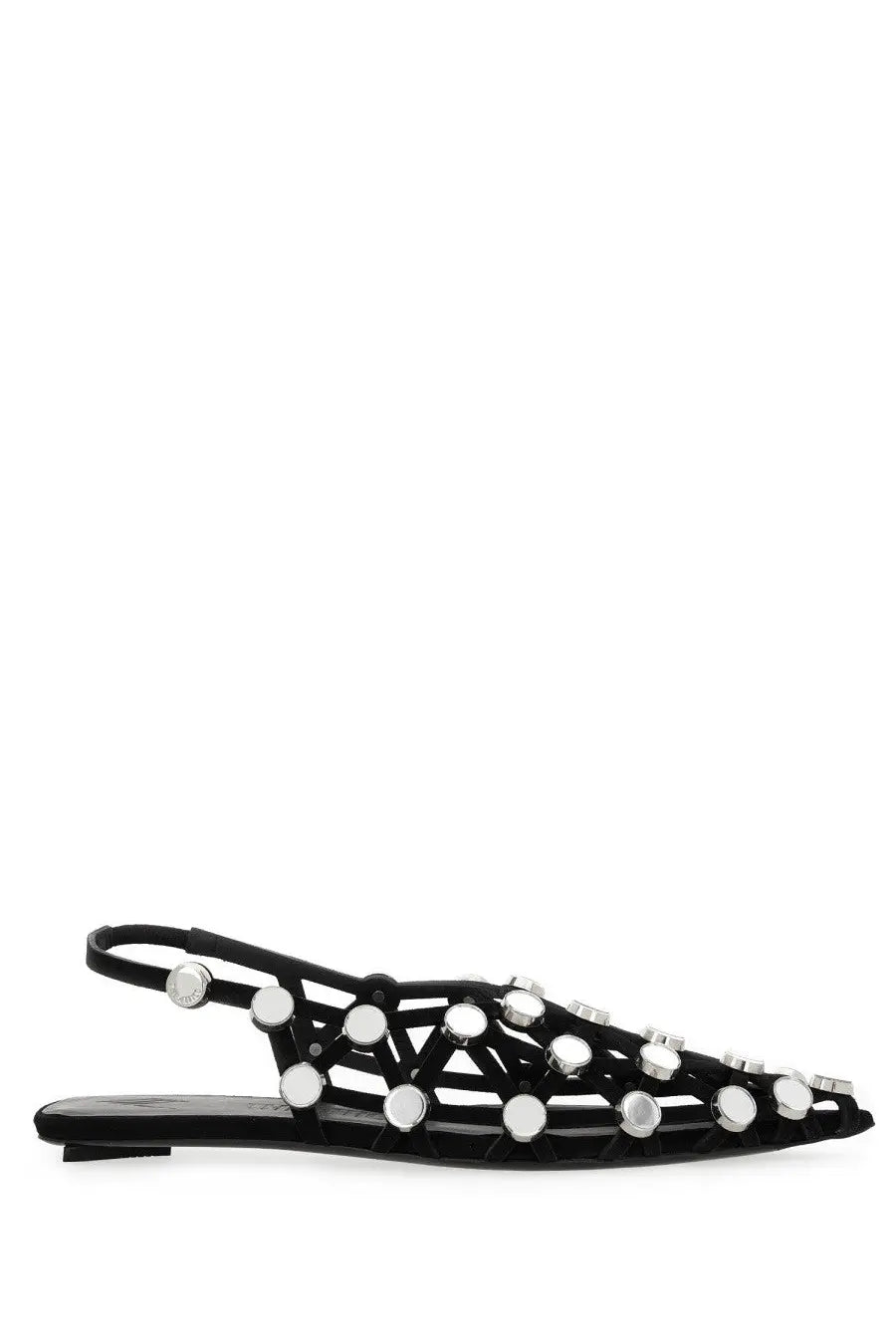 The attico women’s dancer grid black leather sandal with silver circular studs arranged in a geometric pattern