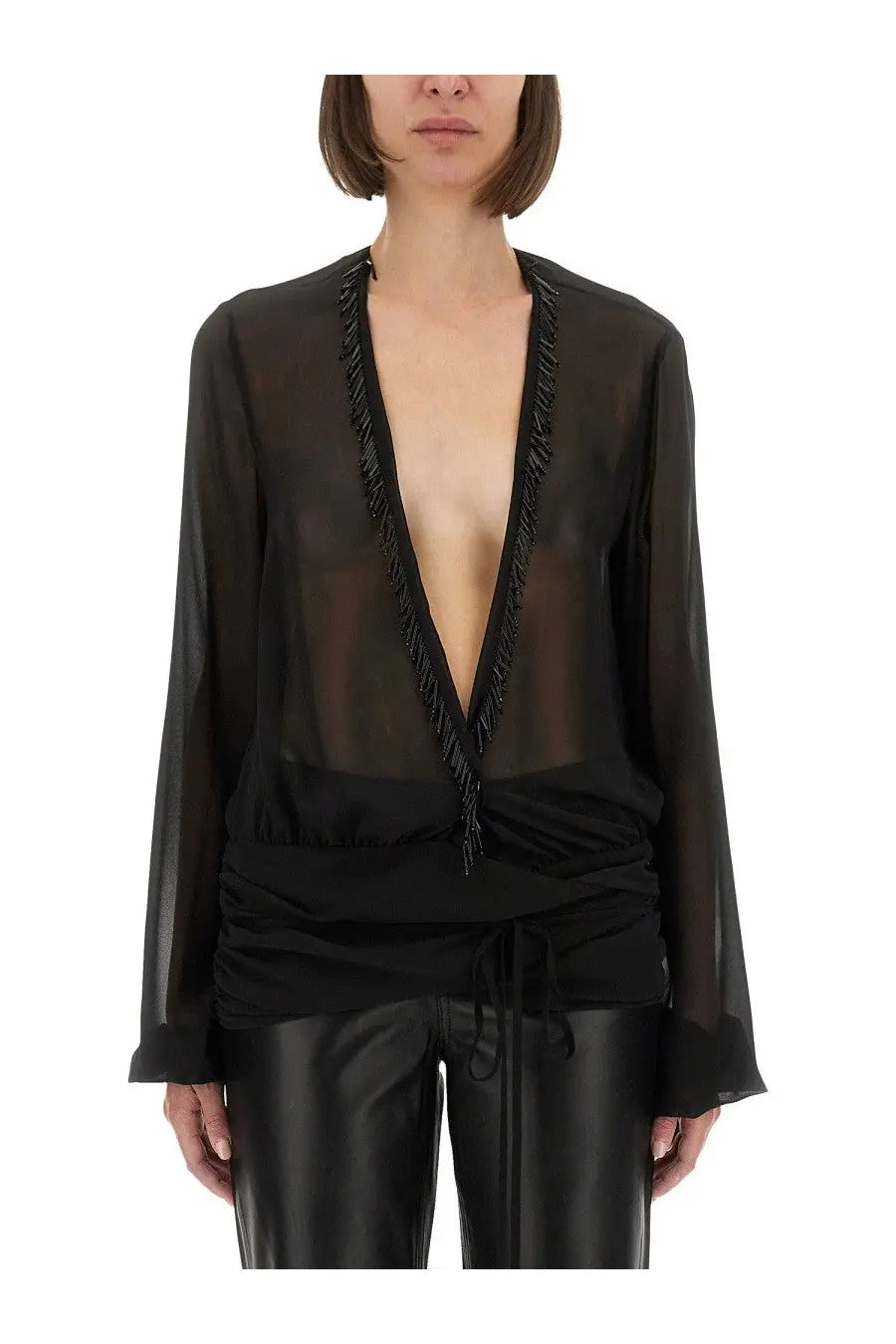 The attico women’s black sheer georgette blouse with deep v-neckline and black fringe detailing along edges