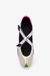 The Attico women’s floor nylon ballerinas silver mary jane shoe with mesh panel neon pink lime green accents and black velcro straps