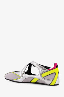 The attico women’s floor nylon ballerinas silver flat shoe with silver mesh panels neon yellow accents black details and pink lining
